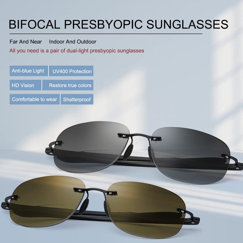 PEEPAI 2 Pairs Bifocal Reading Glasses Outdoor UV Protection Sunglasses Rimless Computer Anti Blue Light Glare Tinted Sun Readers Far and Near Dual Use Eyewear for Men Women 3.5 - Image 2